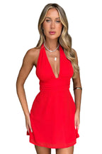 Damska Krótka Sukienka Mini Halter z Głębokim Dekoltem V i Marszczonym Pasem