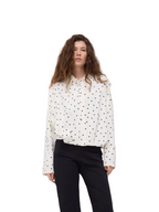 Women's Oversized Shirt with Classic Collar and Black Polka Dot Pattern