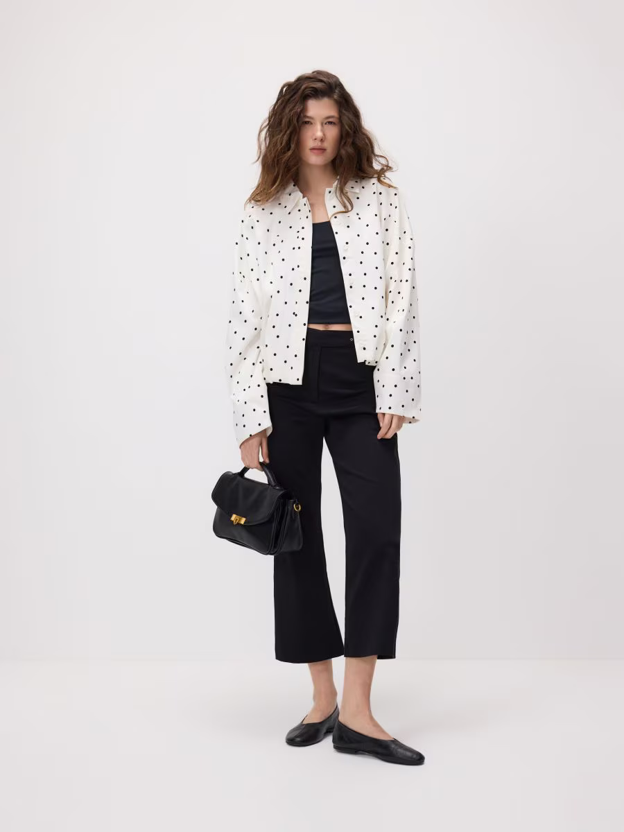 Women's Oversized Shirt with Classic Collar and Black Polka Dot Pattern