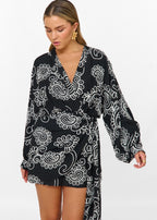 Women's Mini Dress with Long Sleeves, Wrap Design, and Paisley Pattern