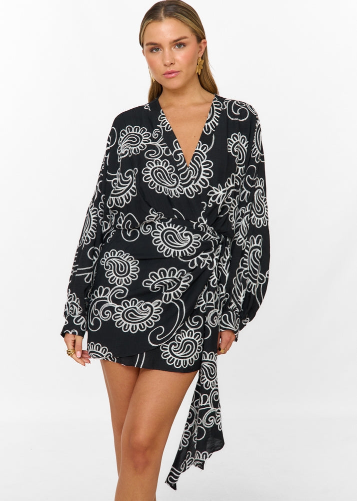 Women's Mini Dress with Long Sleeves, Wrap Design, and Paisley Pattern