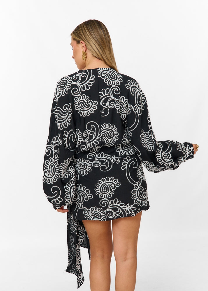 Women's Mini Dress with Long Sleeves, Wrap Design, and Paisley Pattern