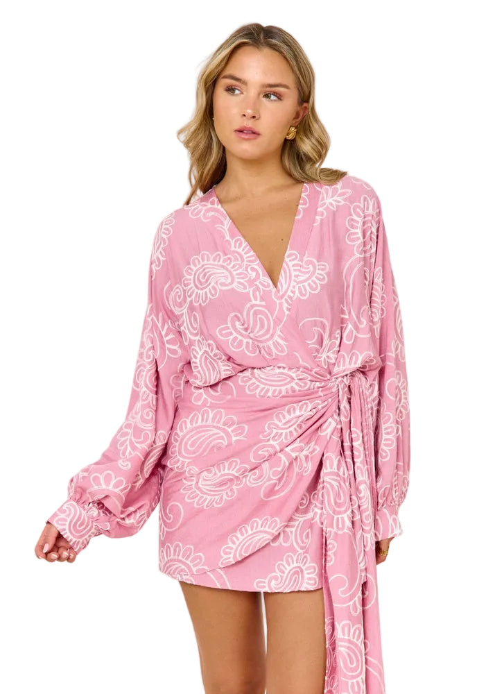 Damska Sukienka Mini z Długim Rękawem z Kopertowym Krojem i Wzorem Paisley z Wiązaniem z Boku
