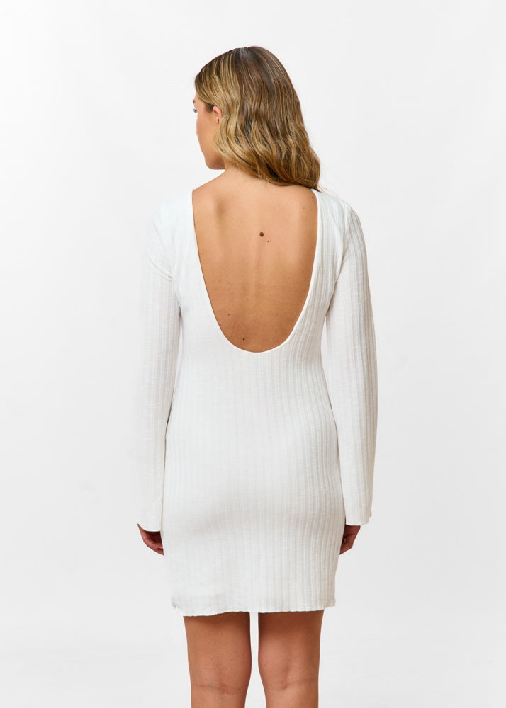 Women's Mini Dress with Long Sleeves, Round Neckline, and Open Back