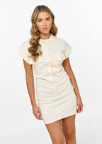 Women's Mini Dress with Short Sleeves, High Collar, and Gathered Front