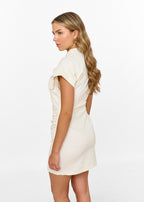 Women's Mini Dress with Short Sleeves, High Collar, and Gathered Front