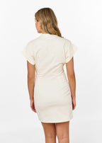 Women's Mini Dress with Short Sleeves, High Collar, and Gathered Front