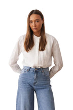 Women's shirt with a stand collar and pleats at the front
