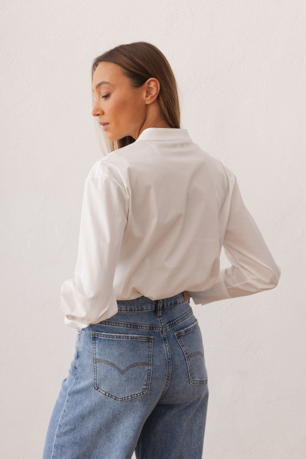 Women's shirt with a stand collar and pleats at the front