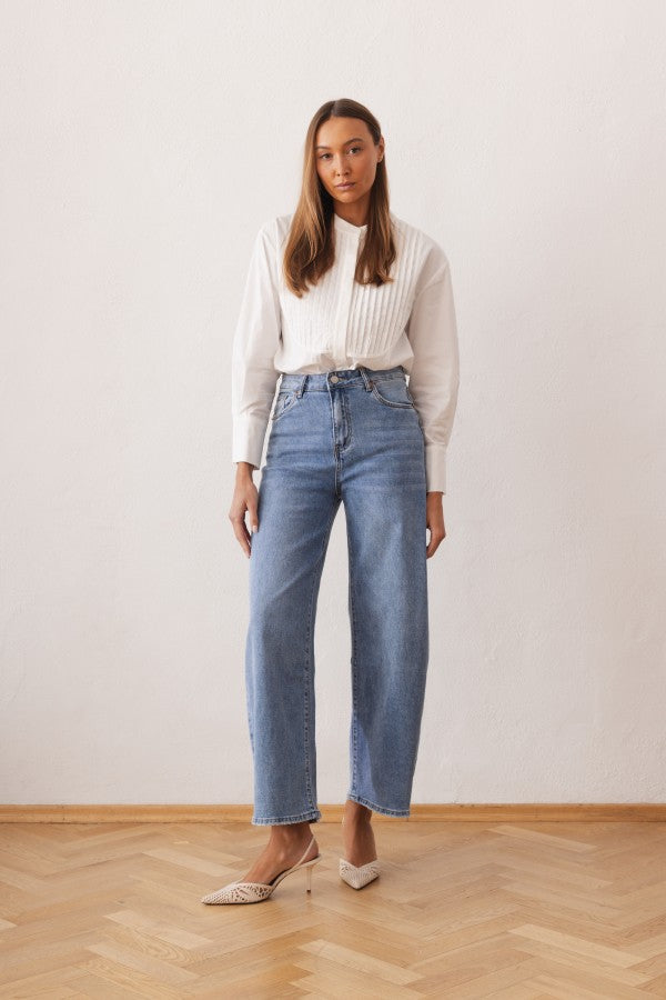 Women's shirt with a stand collar and pleats at the front