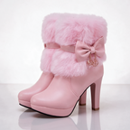 Damskie Botki na Szpilce ze Sztucznym Futerkiem i Kokardą