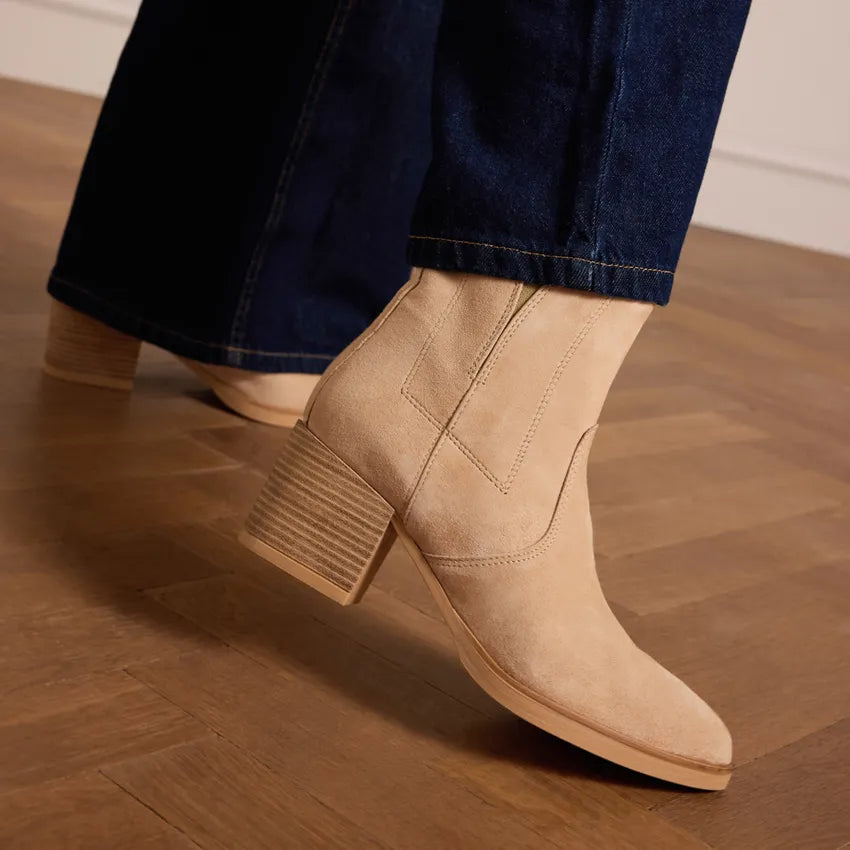 Women's ankle boots with a wide heel and suede-like texture