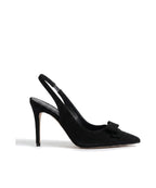 Czarne damskie czółenka slingback z zamszu z kokardką, widok z boku