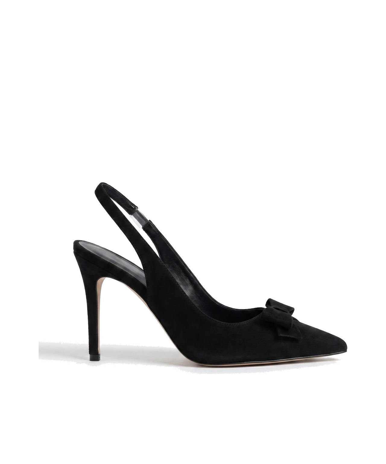 Czarne damskie czółenka slingback z zamszu z kokardką, widok z boku