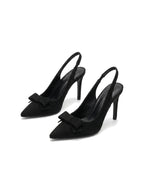Czarne damskie czółenka slingback z zamszu z kokardką, widok para z przodu