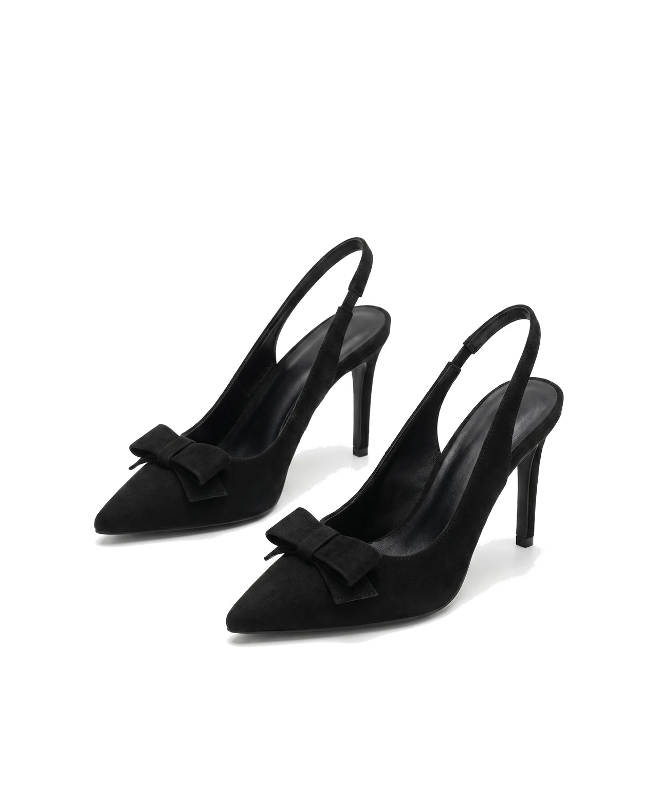 Czarne damskie czółenka slingback z zamszu z kokardką, widok para z przodu