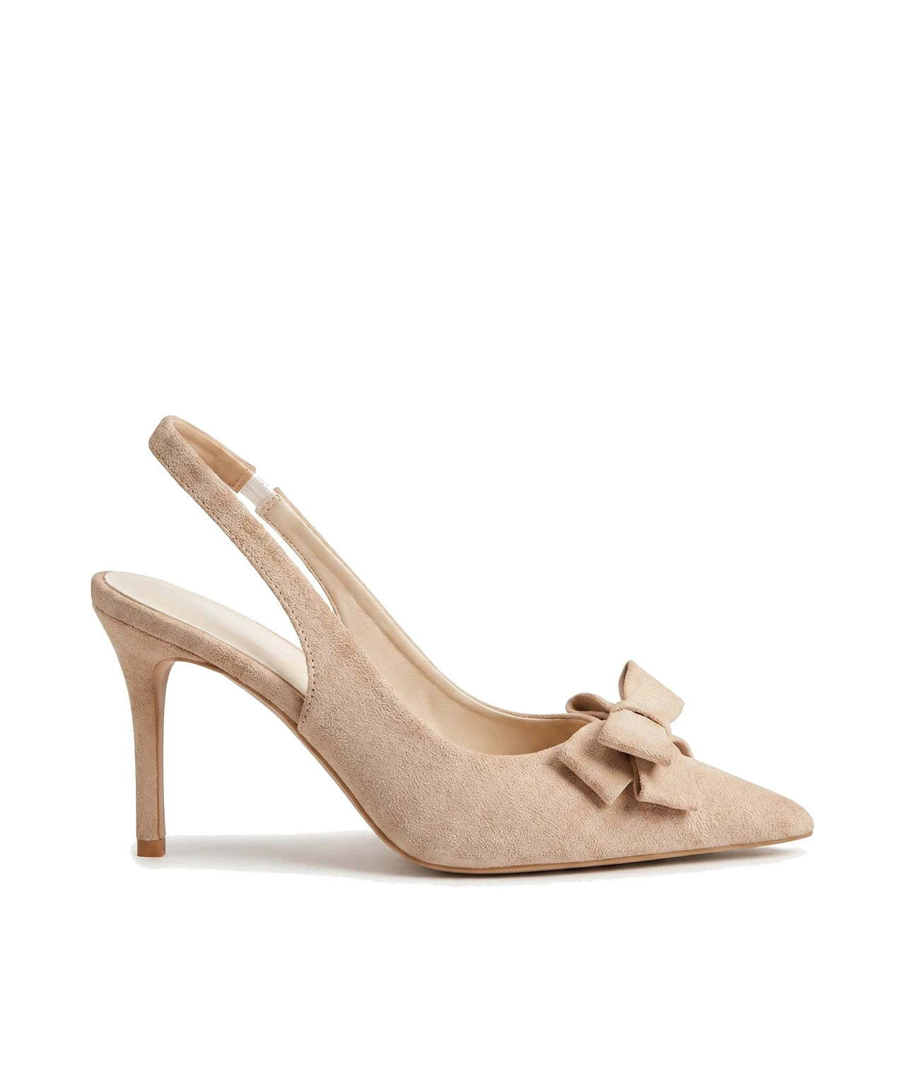 Beżowe damskie czółenka slingback z zamszu z kokardką, widok z boku
