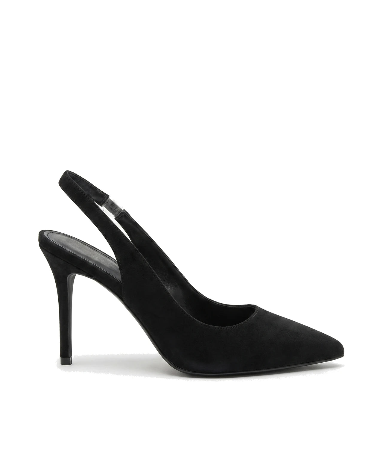 Czarne damskie czółenka slingback z zamszu, widok z boku