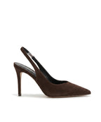 Brązowe damskie czółenka slingback z zamszu, widok z boku