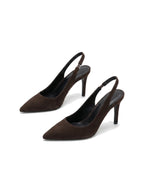 Brązowe damskie czółenka slingback z zamszu, widok para z przodu