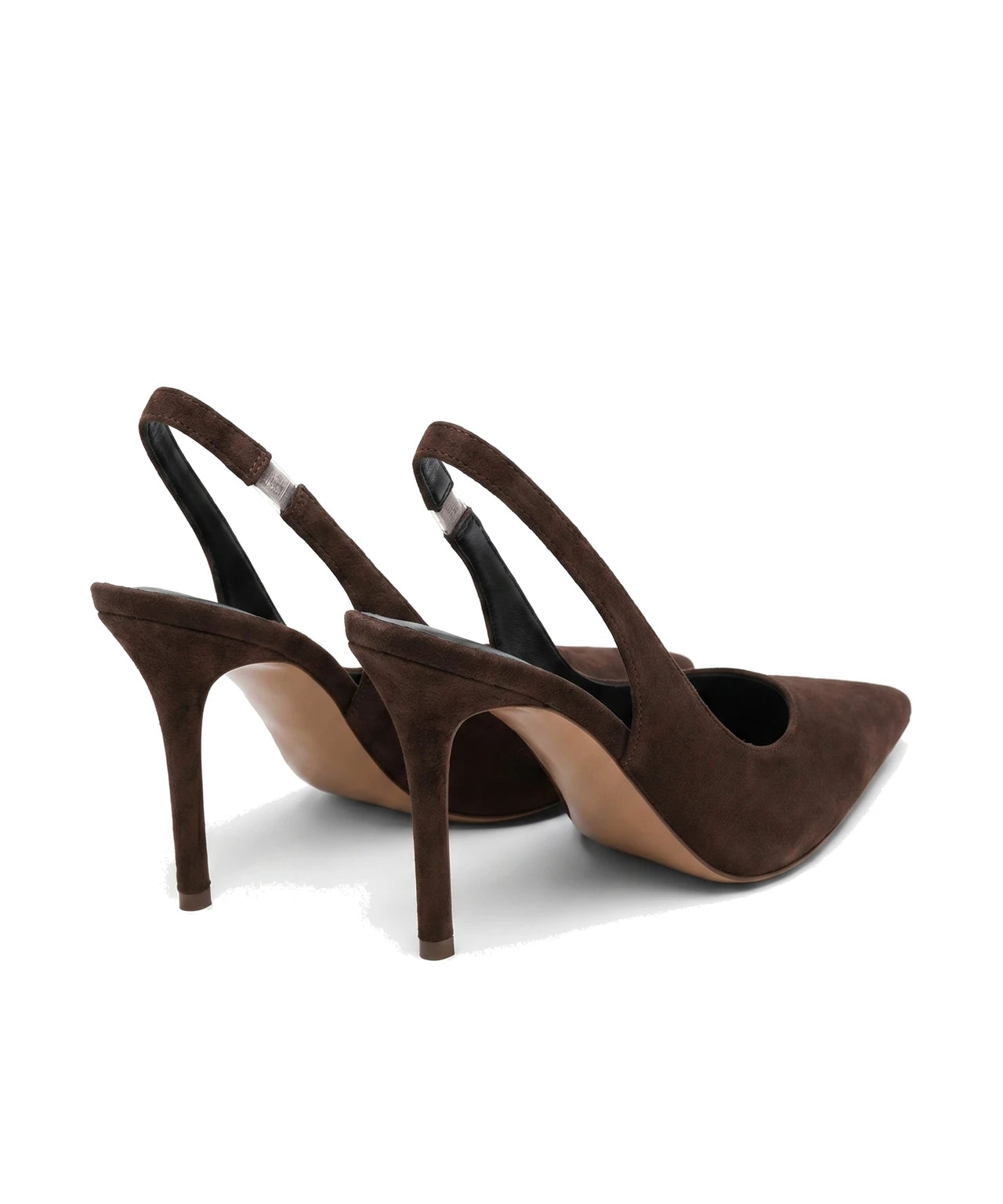 Brązowe damskie czółenka slingback z zamszu, widok od tyłu