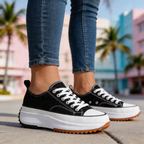 Damskie Sneakersy na Platformie Sznurowane z Bieżnikowaną Podeszwą