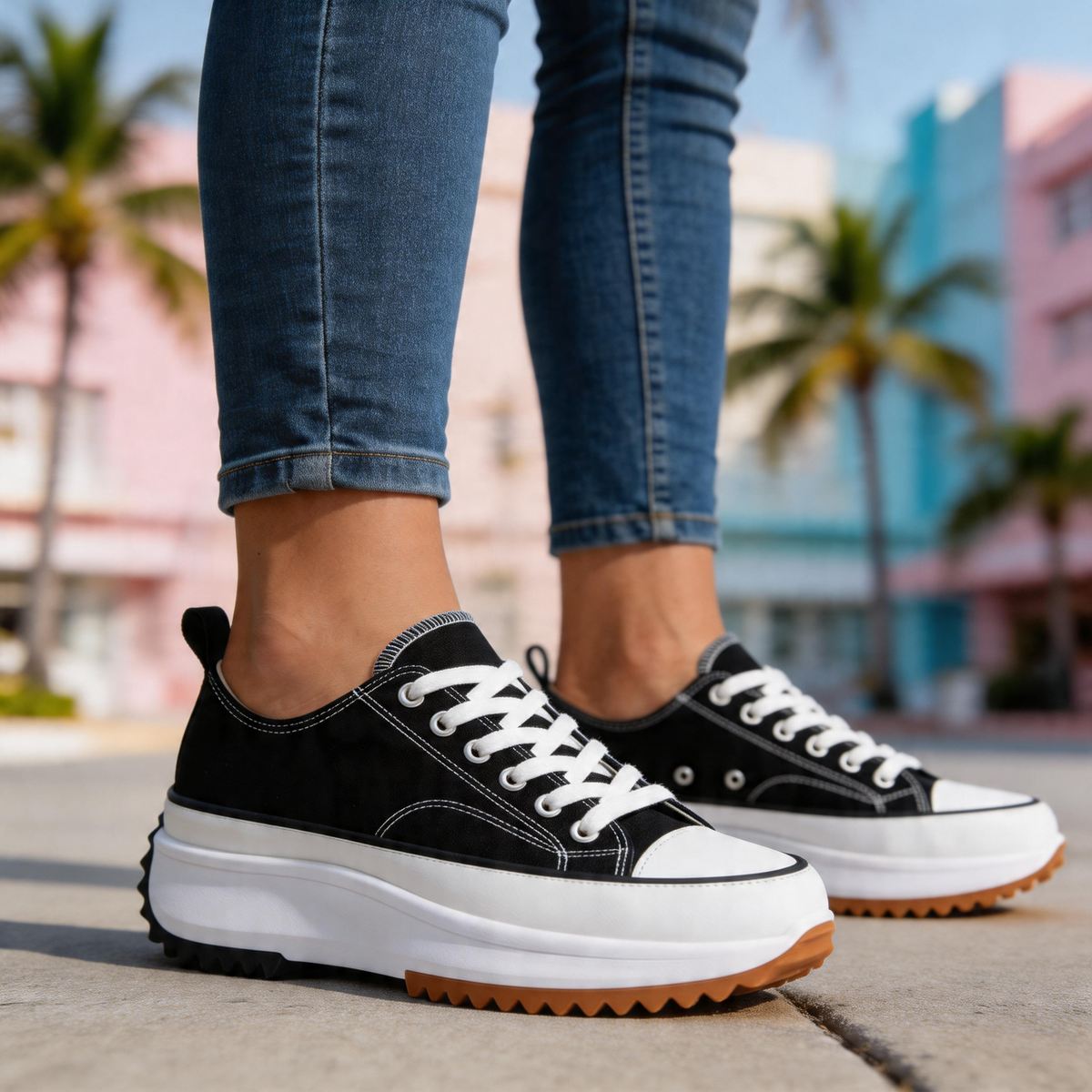 Damskie Sneakersy na Platformie Sznurowane z Bieżnikowaną Podeszwą