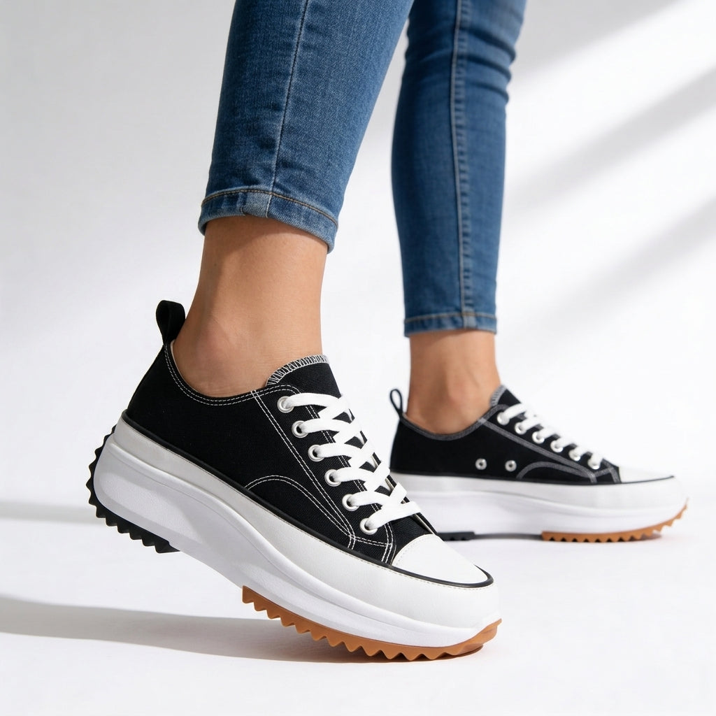 Damskie Sneakersy na Platformie Sznurowane z Bieżnikowaną Podeszwą