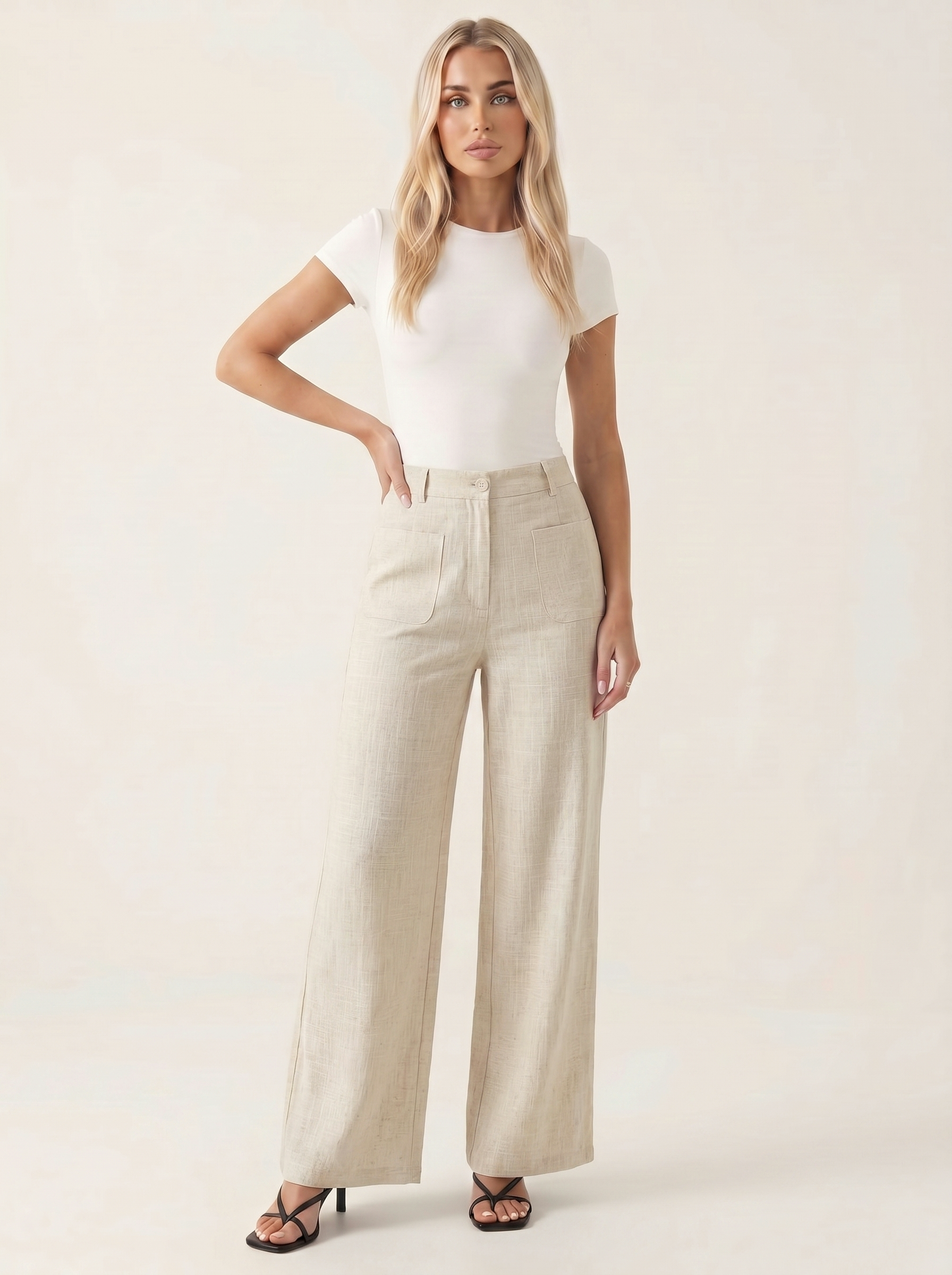 Damskie spodnie wide leg z kieszeniami – Ecru – przód