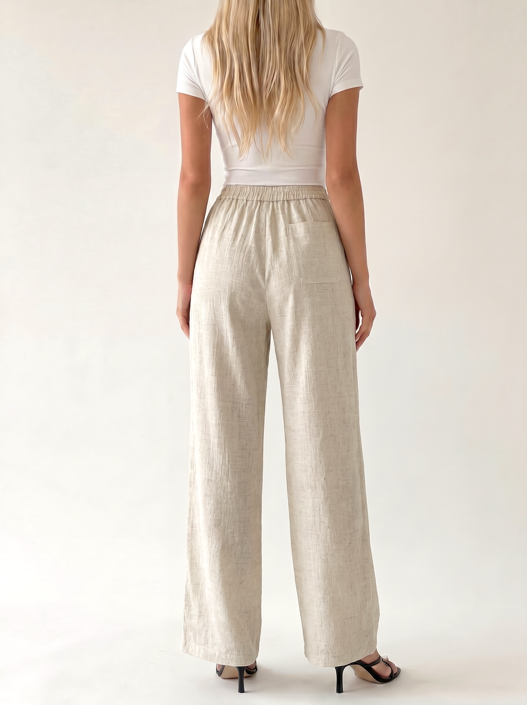Damskie spodnie wide leg z kieszeniami – Ecru – tył