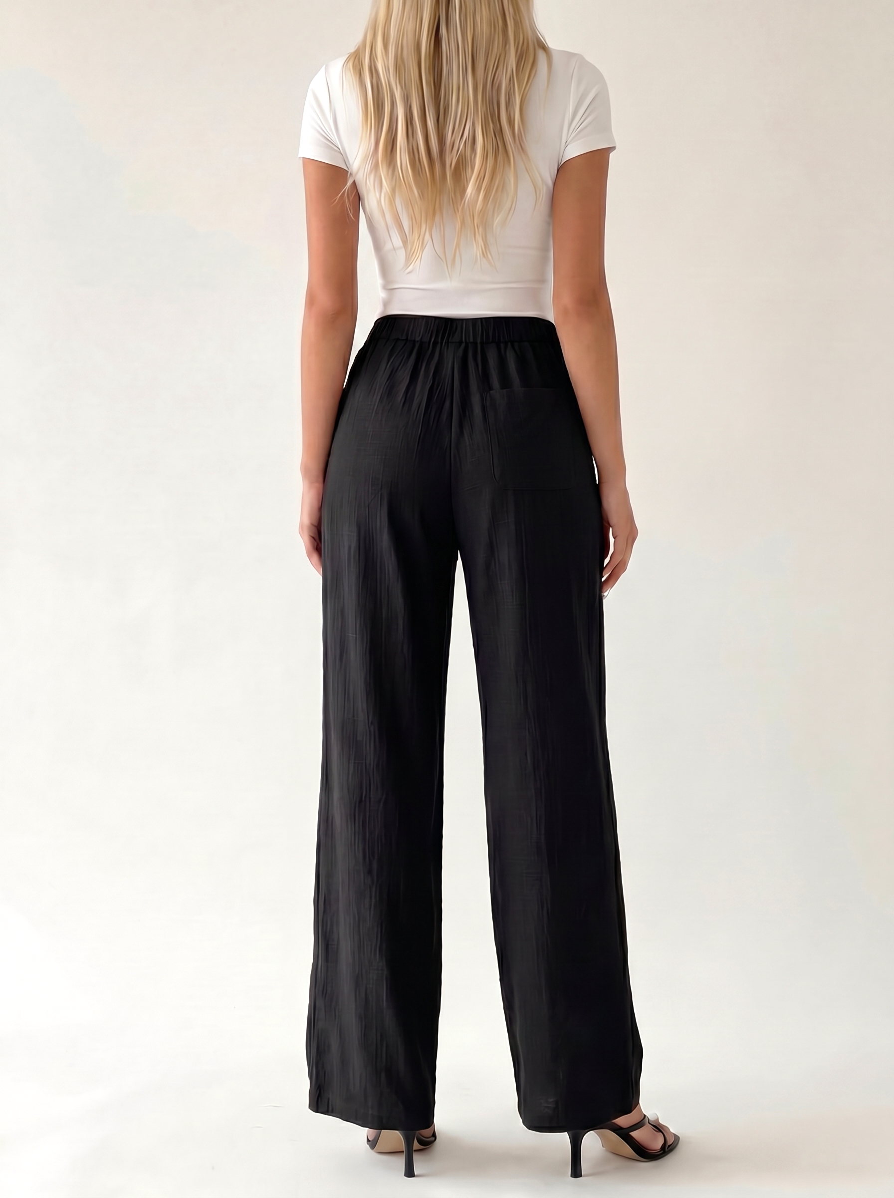 Damskie spodnie wide leg z kieszeniami – Czarny – tył