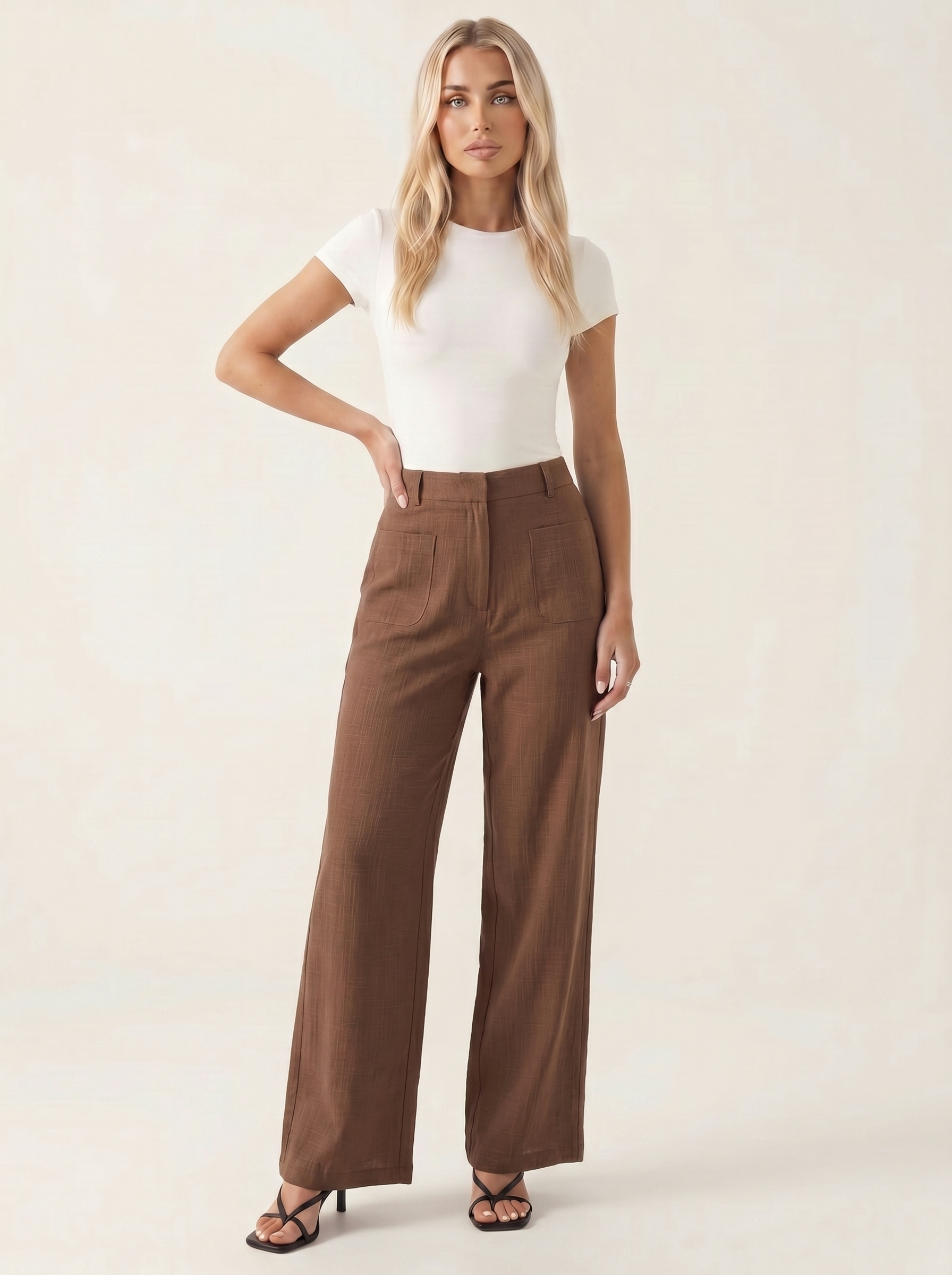 Damskie spodnie wide leg z kieszeniami – Brązowy – przód
