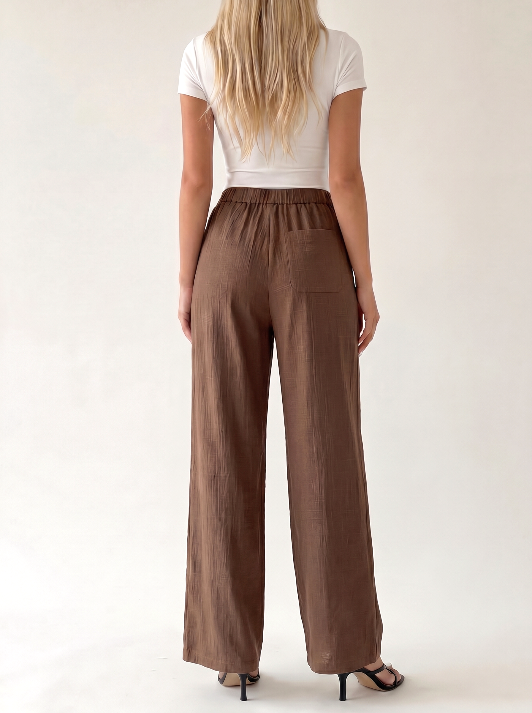 Damskie spodnie wide leg z kieszeniami – Brązowy – tył