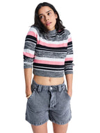 Women's Denim Shorts with Striped Insert at the Waist and Frayed Cuff