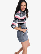 Women's Denim Shorts with Striped Insert at the Waist and Frayed Cuff
