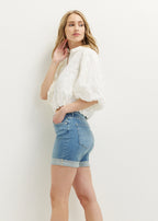 Women's Denim Shorts with Straight Leg and Button Closure