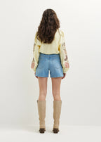 Women's Denim Shorts with Box Pleats and Rolled Cuffs