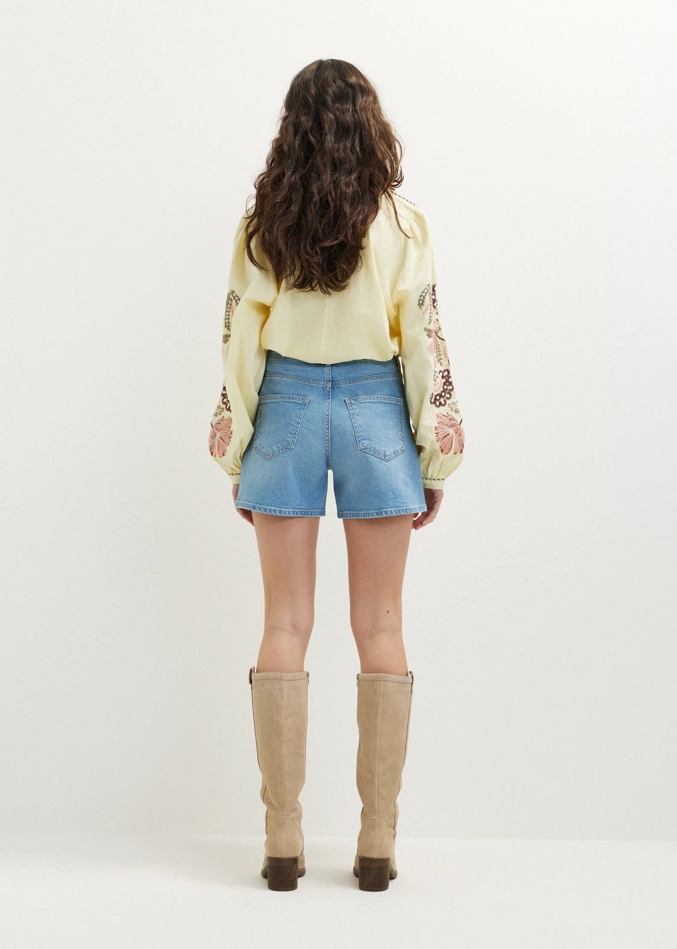 Women's Denim Shorts with Box Pleats and Rolled Cuffs