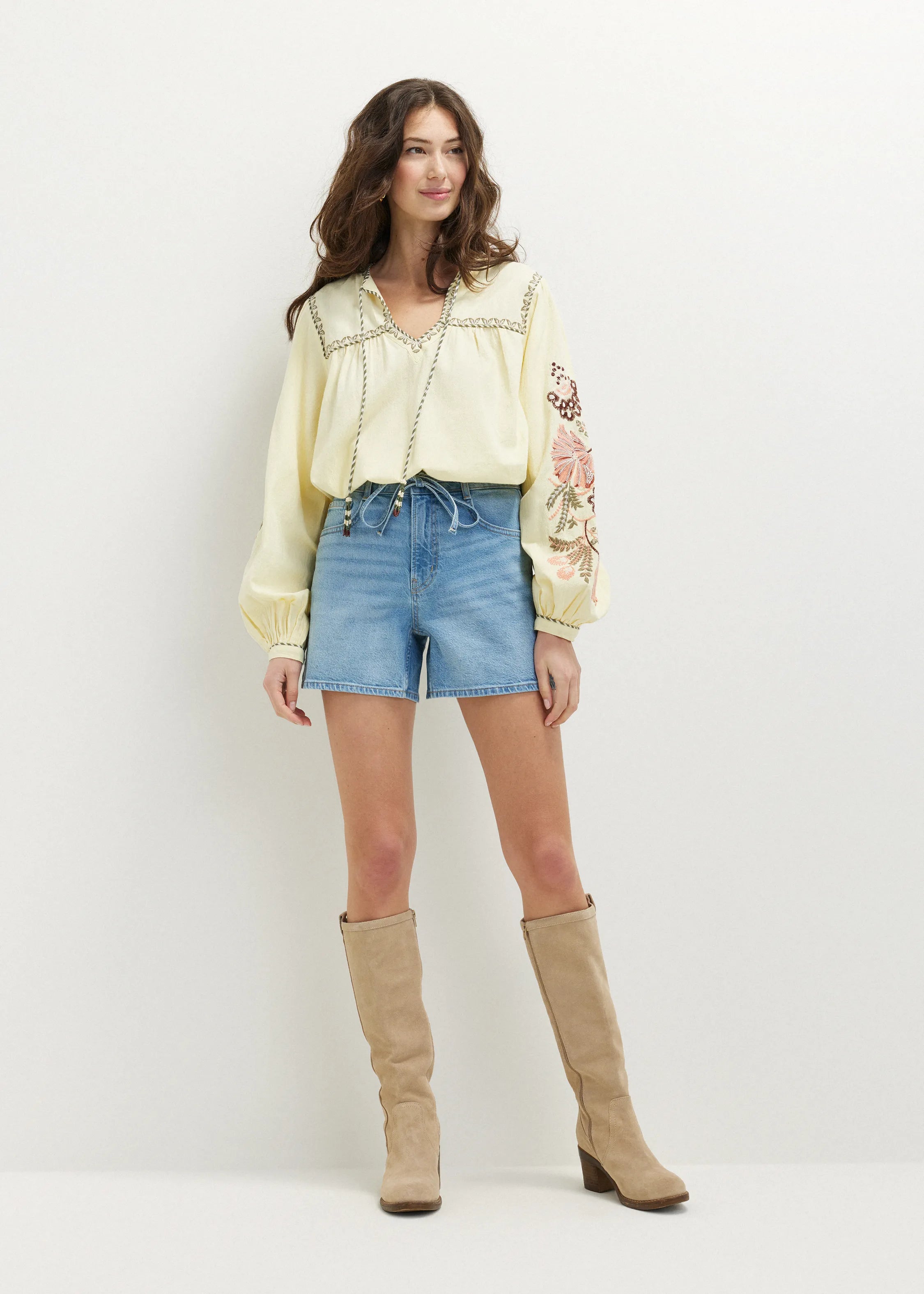 Women's Denim Shorts with Box Pleats and Rolled Cuffs