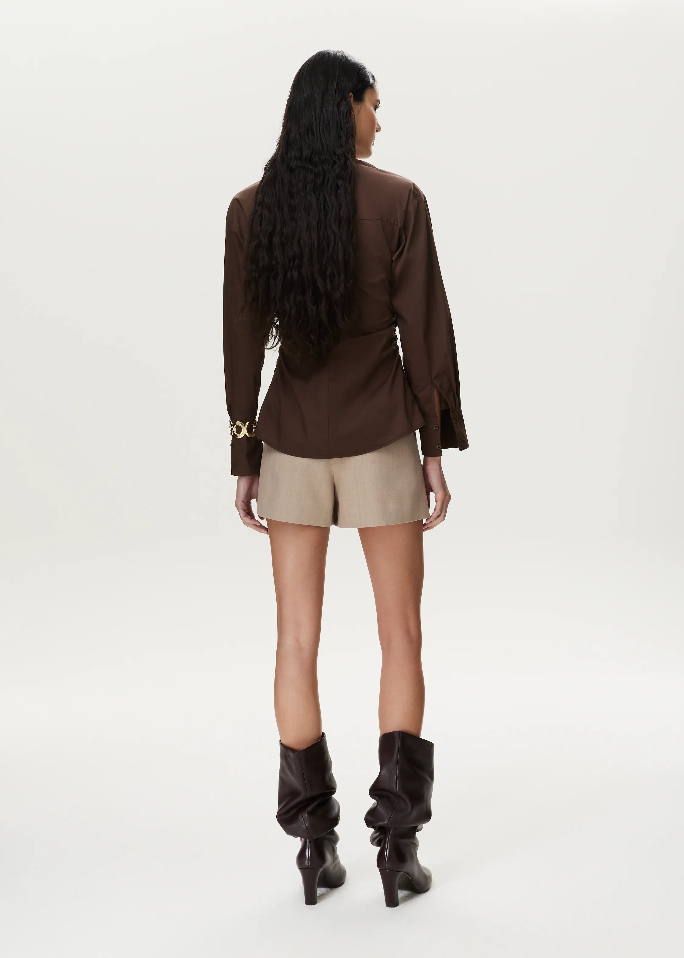Women's Shorts with Wide Snap Waistband and Straight Cut