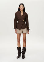 Women's Shorts with Wide Snap Waistband and Straight Cut
