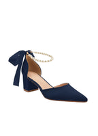 Women's Block Heel Stilettos with Pointed Toe and Pearl Detail with Bow