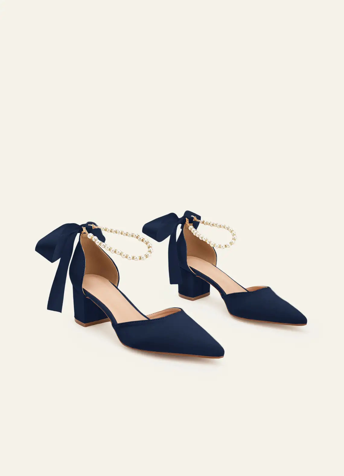 Women's Block Heel Stilettos with Pointed Toe and Pearl Detail with Bow