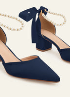 Women's Block Heel Stilettos with Pointed Toe and Pearl Detail with Bow