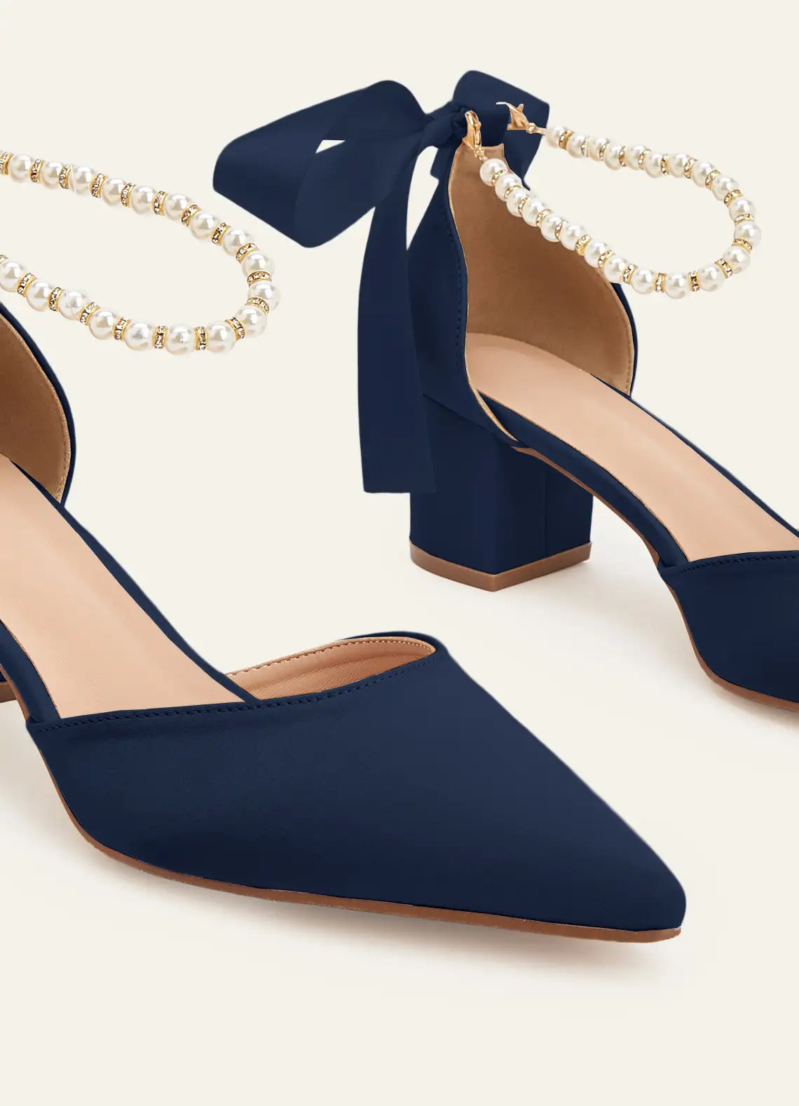 Women's Block Heel Stilettos with Pointed Toe and Pearl Detail with Bow