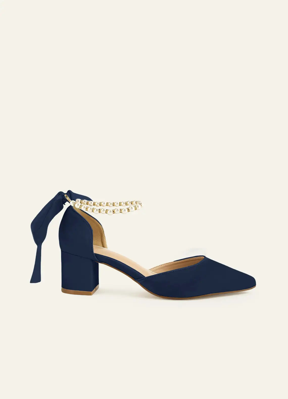 Women's Block Heel Stilettos with Pointed Toe and Pearl Detail with Bow
