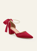 Women's Stiletto Heels with Pointed Toes and Bow with Pearl Details on a Wide Heel