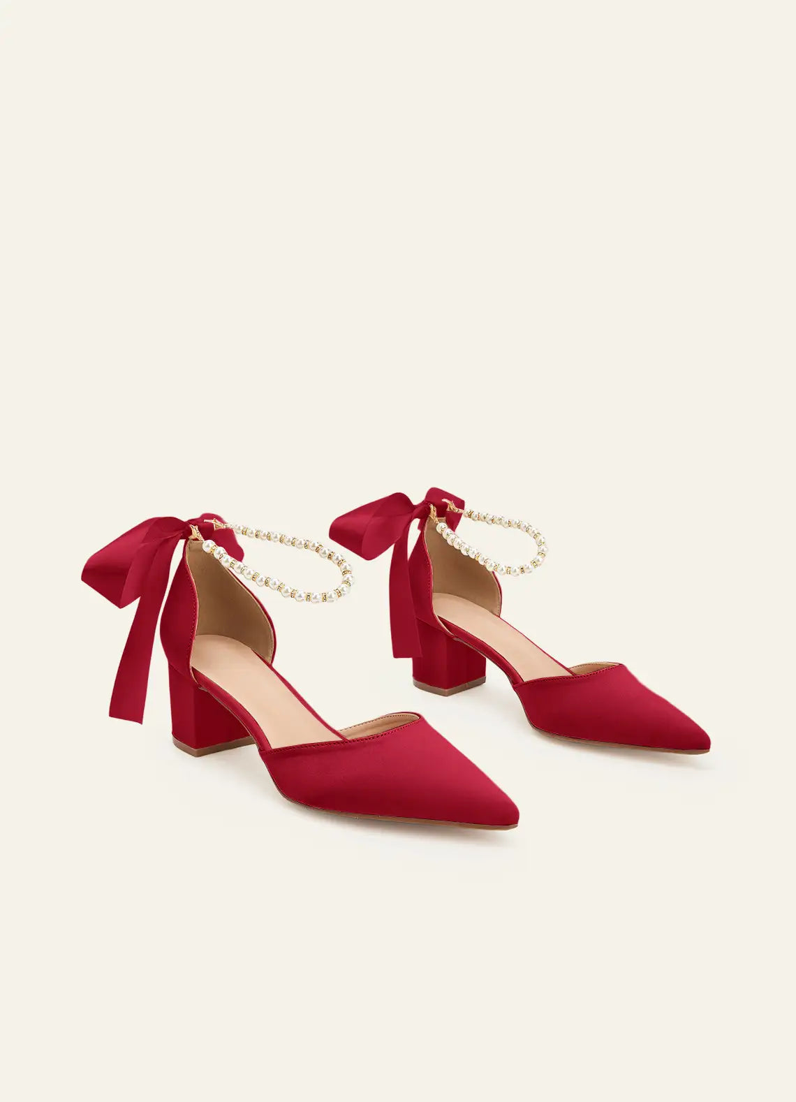Women's Stiletto Heels with Pointed Toes and Bow with Pearl Details on a Wide Heel