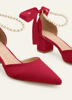 Women's Stiletto Heels with Pointed Toes and Bow with Pearl Details on a Wide Heel