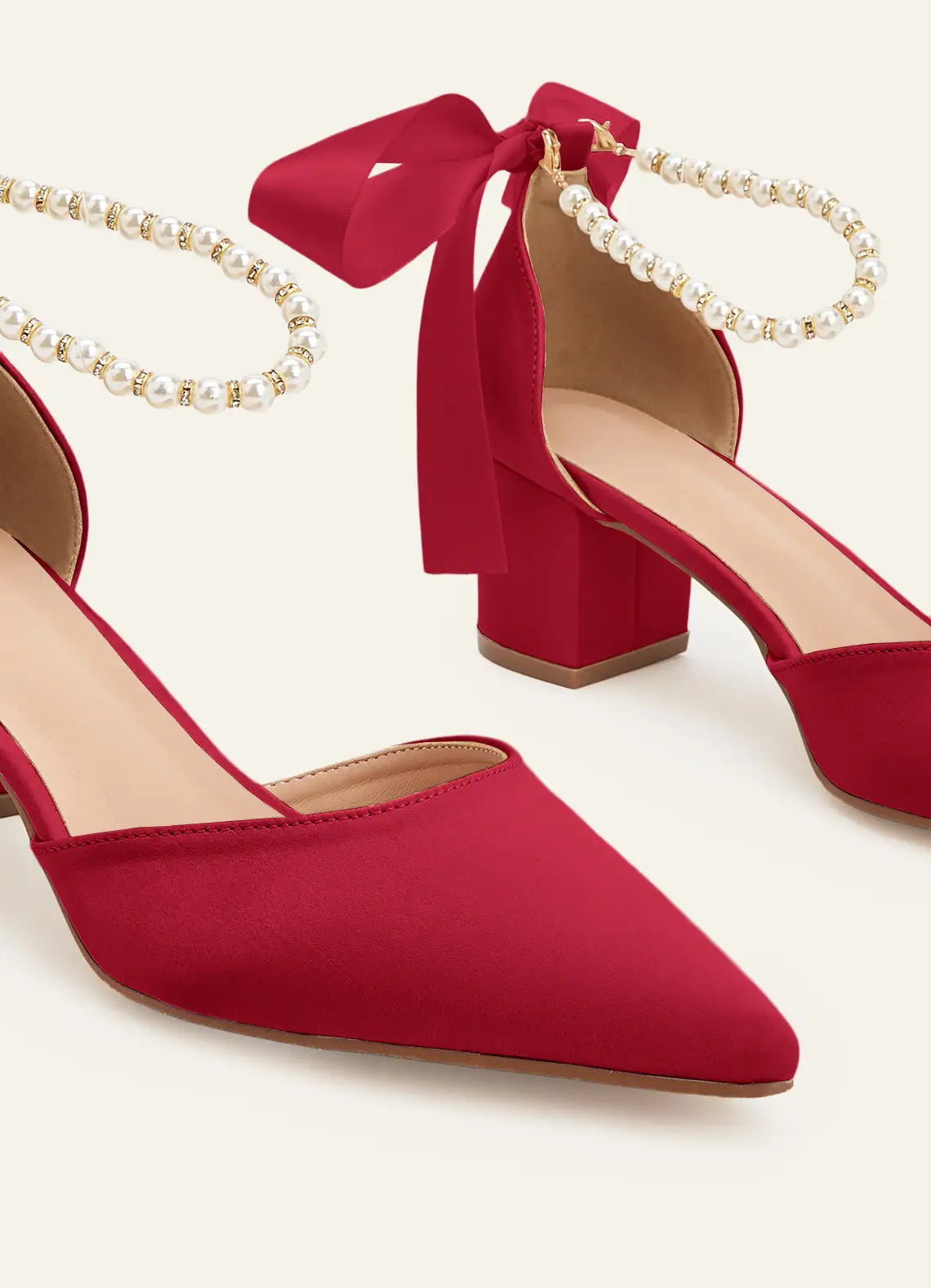 Women's Stiletto Heels with Pointed Toes and Bow with Pearl Details on a Wide Heel